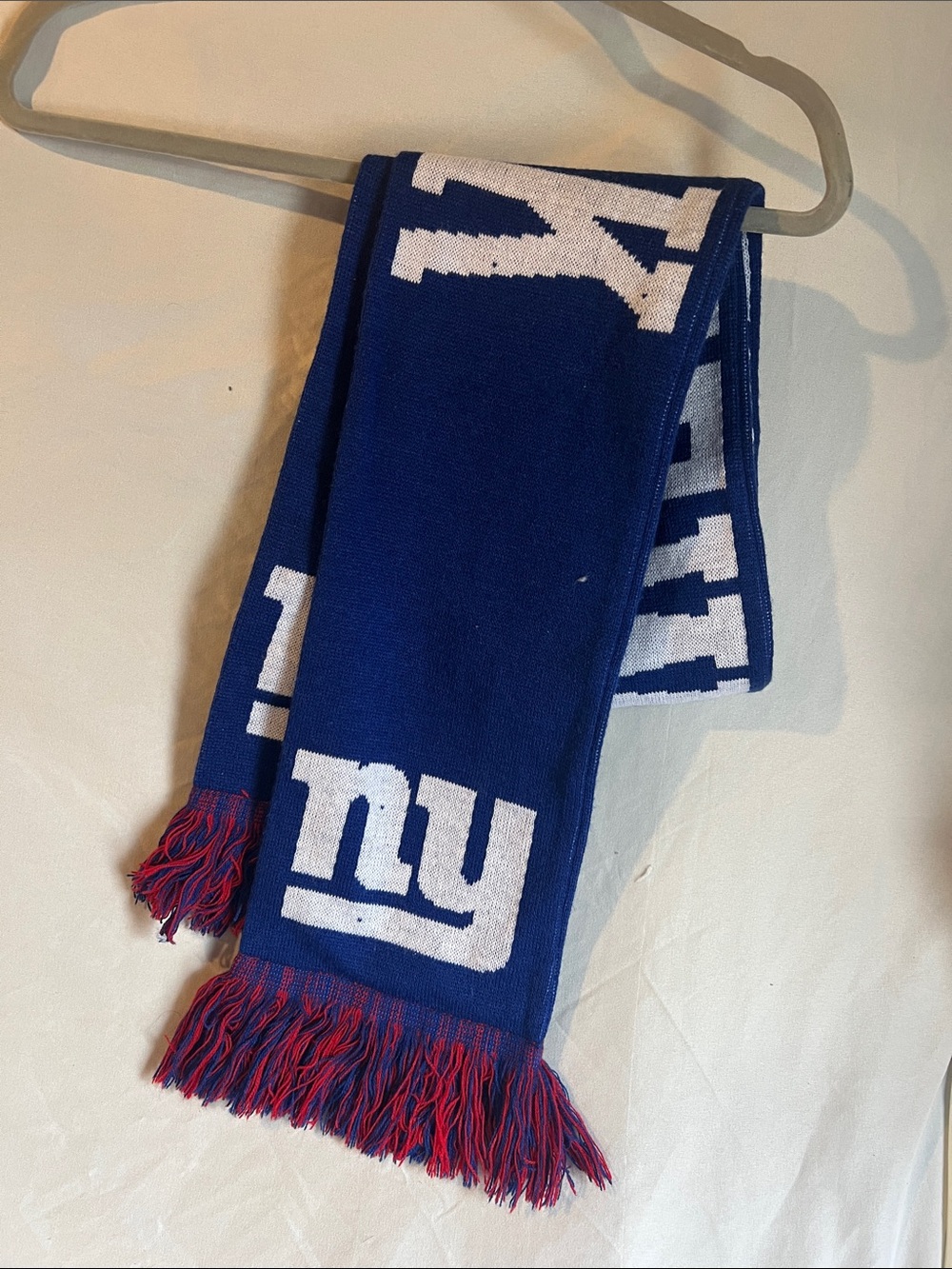 Knit Scarf - Blue & White with Red Fringe